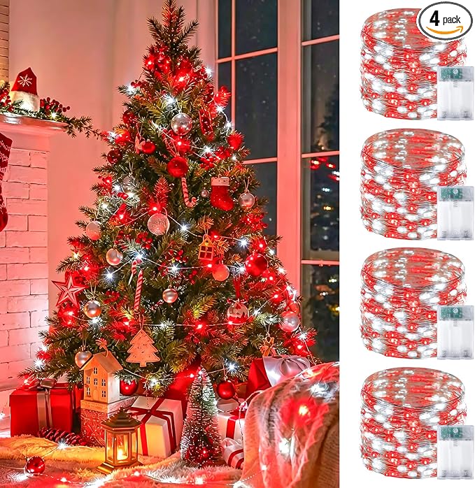 4Pack 60LED Fairy Lights Battery Operated with Timer, 20 FT Red and White | Cuttable Copper Wire, Waterproof Battery String Lights for Indoor Outdoor, Wedding, Bedroom, Home, DIY, Christmas Decorations