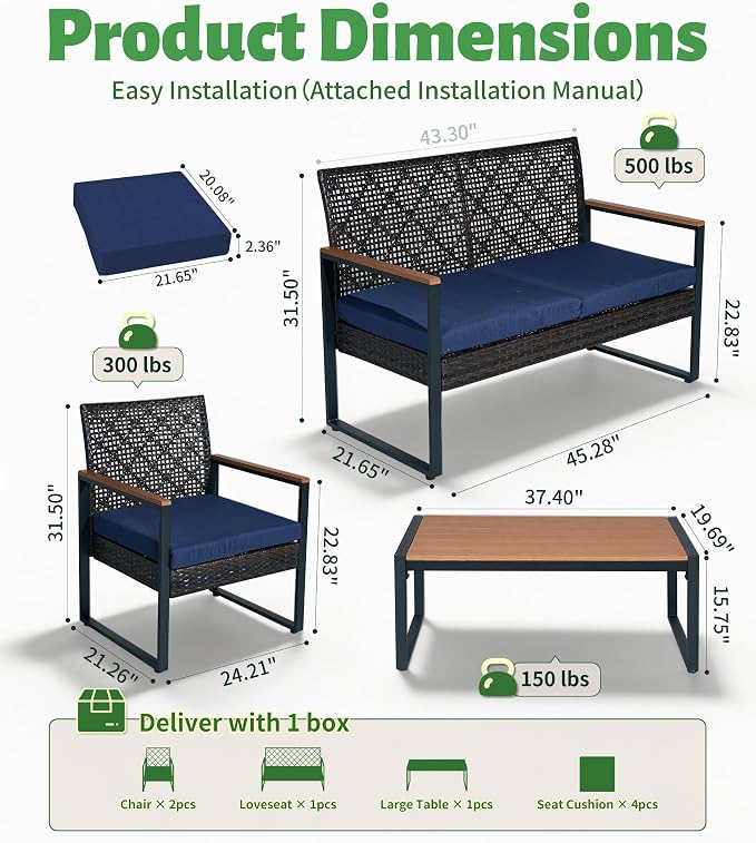 4-Piece Outdoor Patio Furniture Set, Wicker Sofa and Chairs with Cushions, PE Rattan All-Weather Conversation Set with Coffee Table for Backyard, Patio, Poolside, Garden, Lawn, Deck, Black