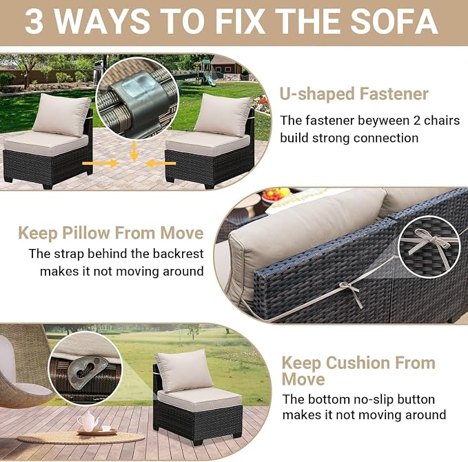 10-Piece Outdoor Patio Furniture Set with PE Wicker Sectional Sofa, Removable Cushions, Glass Coffee Table, Left and Right Armrest Rattan Conversation Set for Garden, Porch, Deck, Backyard(Blue2)