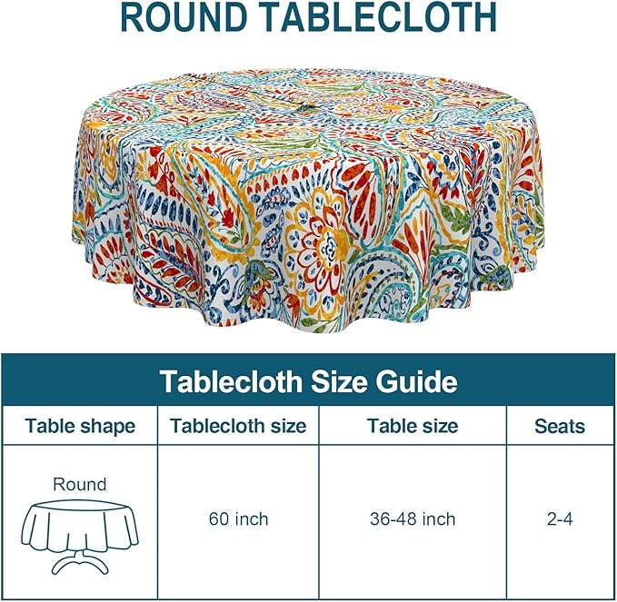 DYTXIII Outdoor Round Tablecloth with Umbrella Hole 60 Inch, Water Repellent & Fade Resistant Table Cover, All Weather Outdoor Tablecloth for Garden & Party Table, Paisley Multi