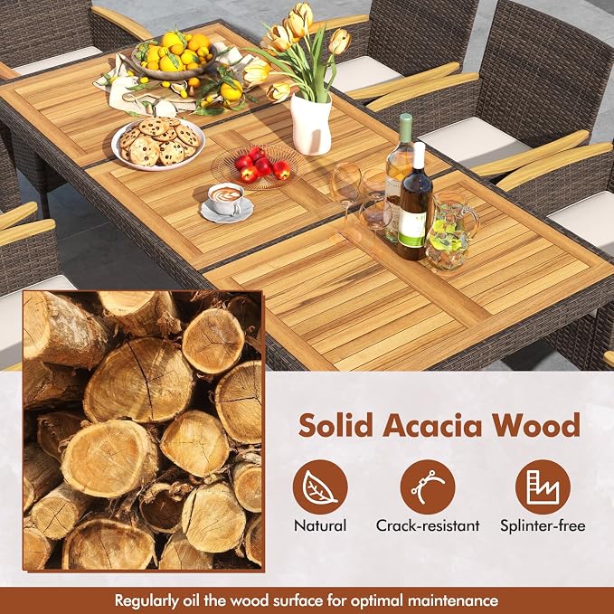 COSTWAY 9-Piece Patio Dining Set for 8, Outdoor Rattan Wicker Table and Chairs Furniture Set with Umbrella Hole, Acacia Wood Tabletop for Backyard, Balcony, Poolside, Brown & Beige