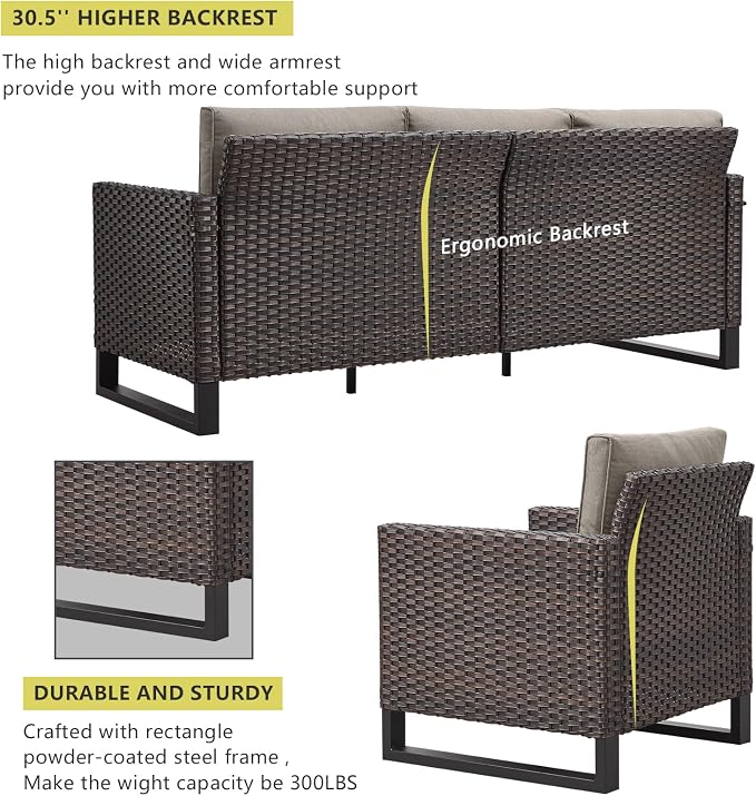 HUMMUH 8 Piece Patio Furniture All Weather 6-Seater Outdoor Sectional Sofa with Patio Swivel Chairs and Outdoor Chairs Ottomans for Porch,Garden,Backyard,Deck(Brown/Grey)