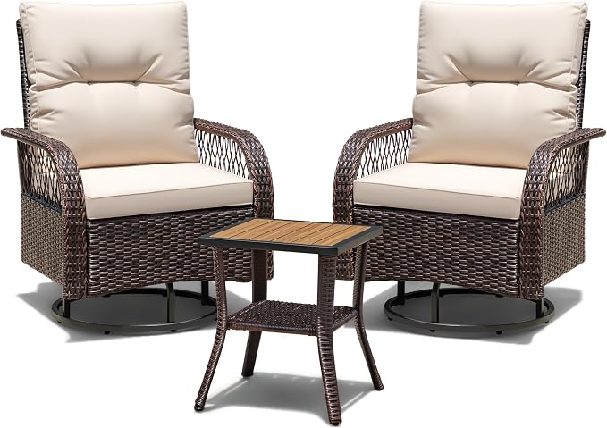 Devoko Patio Furniture Set Outdoor 3 Pieces Wicker Swivel Rocking Chairs Set of 2 with Coffee Table, Patio Conversation Set for Porch, Balcony, Deck, Garden (Brown)