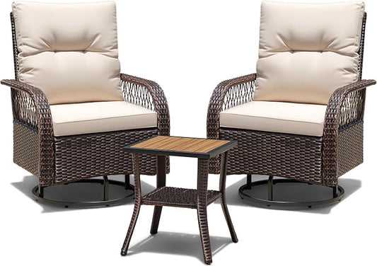 Devoko Patio Furniture Set Outdoor 3 Pieces Wicker Swivel Rocking Chairs Set of 2 with Coffee Table, Patio Conversation Set for Porch, Balcony, Deck, Garden (Brown)