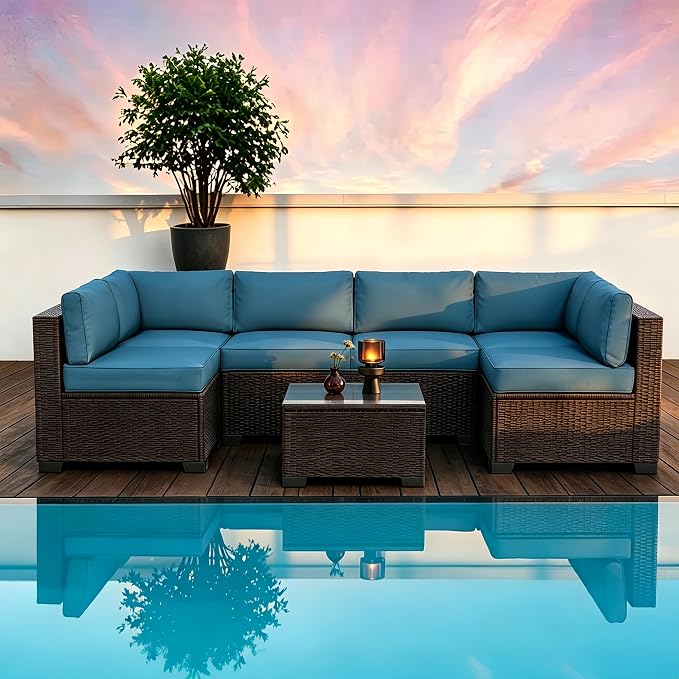SHGJ&SOFT 7 Piece Outdoor Patio Furniture Set, All-Weather Rattan Wicker Modular Sectional Sofa Set with Water-Resistant Cushions&Tempered Glass Table for Backyard Poolside(Peacock Blue,7pcs)