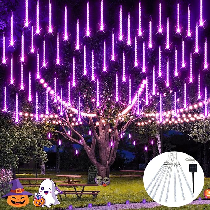 JMEXSUS Solar Halloween Lights Outdoor Purple Solar Lights | 8 Tube 144 LEDs, Solar Meteor Shower Lights for Halloween Tree Fence Eaves Patio Yard Holiday Party Decor