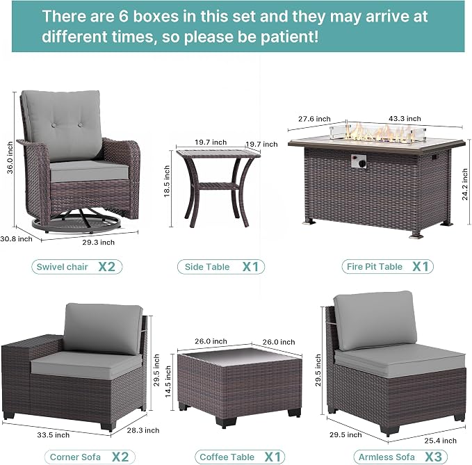 Gotland 10 Pieces Patio Furniture Set with 2 Swivel Rocking Chairs 1 Fire Pit Table, Patio Furniture in 4 Combinations with 1 Coffee Table Wide Armrests 29.5'' High Backrest, for Deck Garden Pool Gray