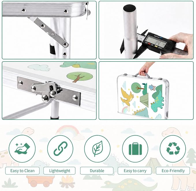 Yriuat Folding Camping Table 2ft Portable Picnic Table Adjustable Height Small Card Table Aluminum Foldable Lightweight with Carry Handle for Outdoor Indoor Hiking Camp BBQ Beach (Jurassic Camp)