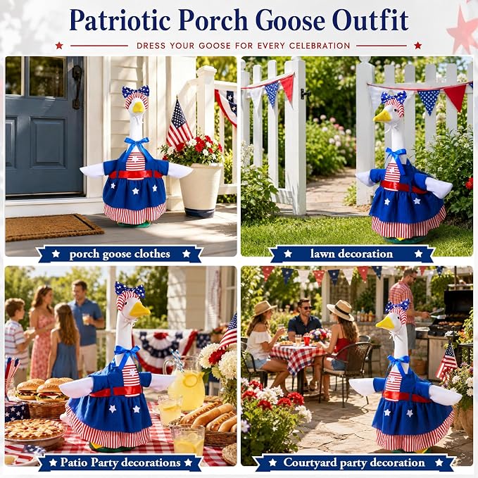 Patriotic Porch Goose Outfit 23 Inch - American Flag Goose Clothes for Lawn Statue, Red White Blue Costume for Memorial Day Veterans Day Decor, Outdoor Garden Patio Yard Decoration