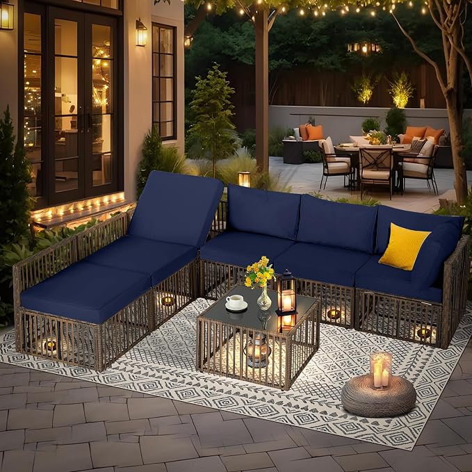 FHFO 7 Piece Outdoor Wicker Patio Furniture Set, Brown/Blue | Sectional Sofa | All-Weather Hand-Woven Rattan | Tempered Glass Coffee Table | Adjustable Backrest | Indoor & Outdoor Use