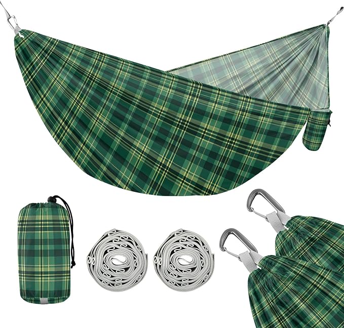 Camping Hammock Outdoor Hammocks for Outside Check Plaid Green 2 Beach Trees Portable Lightweight with Pockets Tree Straps Indoor