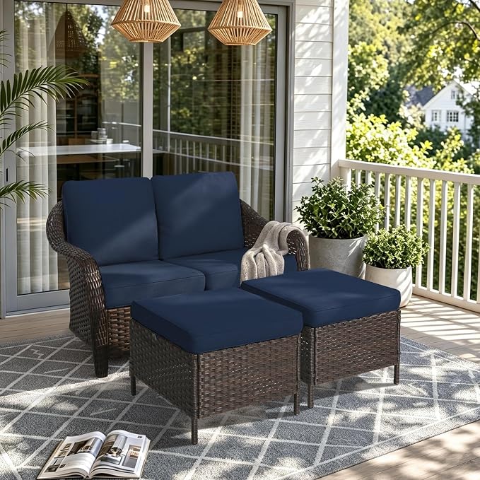 3 Piece Patio Wicker Conversation Set, All-Weather Use Outdoor Wicker Loveseat with 2 PE Rattan Ottomans, Ideal for Porch, Backyard, Balcony, Poolside, Blue