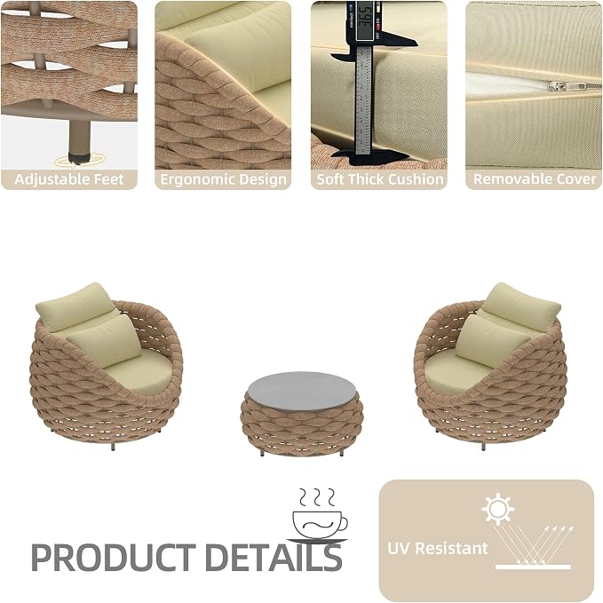 TWT 3 Pieces Aluminum Patio Furniture Set, Hand Woven Textilene Rope Outdoor Sofa Set w/Washable Cushion and Rock Slab Tabletop, Conversation Furniture for Livingroom Poolside Balcony (Light Brown)
