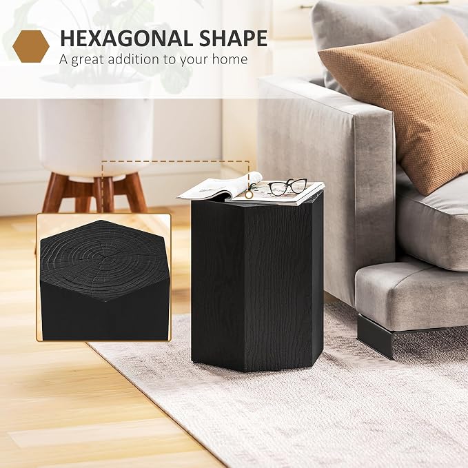 HOMCOM Concrete Finish Side Table, Lightweight Accent Table, 17" Patio Hexagonal Stump End Table with 4 Adjustable Feet for Indoor, Outdoor, Black Wood Grain