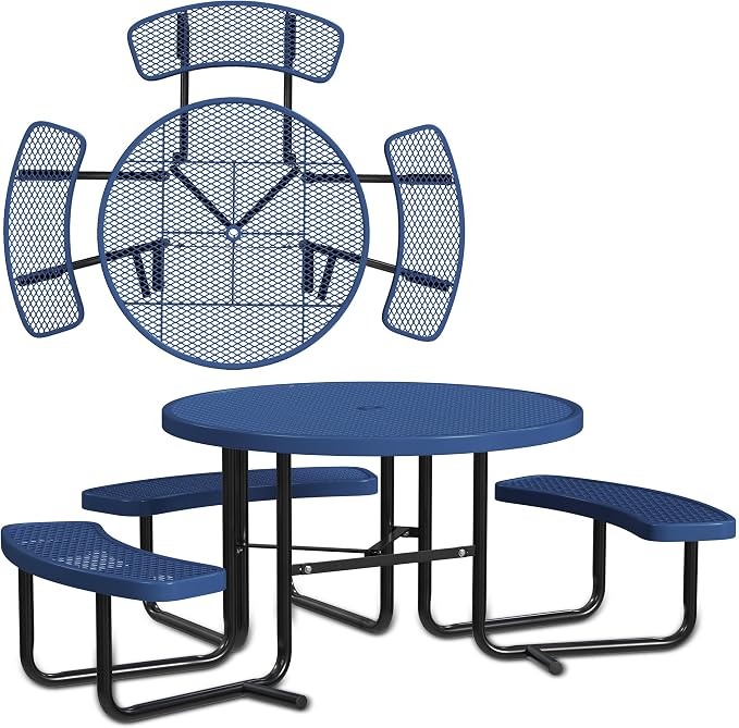 Leisure Craft Metal Picnic Table with Bench - 46" Round Outdoor Dining Table with Umbrella Hole, Heavy Duty Thermoplastic Coating, ADA Compliant, Commercial Grade Furniture Made in USA - Navy