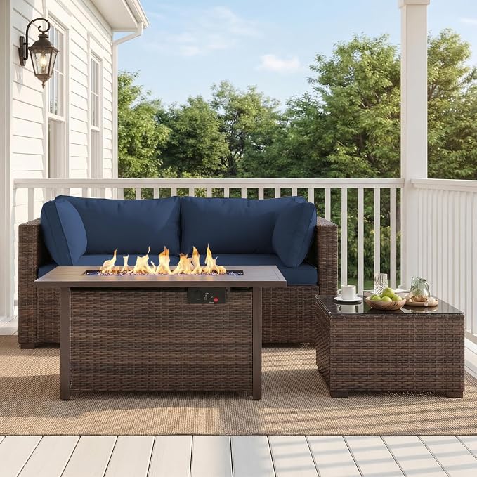 4 Pieces Patio Furniture Set with Fire Pit and Glass Table, Outdoor PE Rattan Sectional Sofa with Soft Cushions for Backyard, Porch, and Poolside (Blue, 4 PCS w/Table/Firepit)
