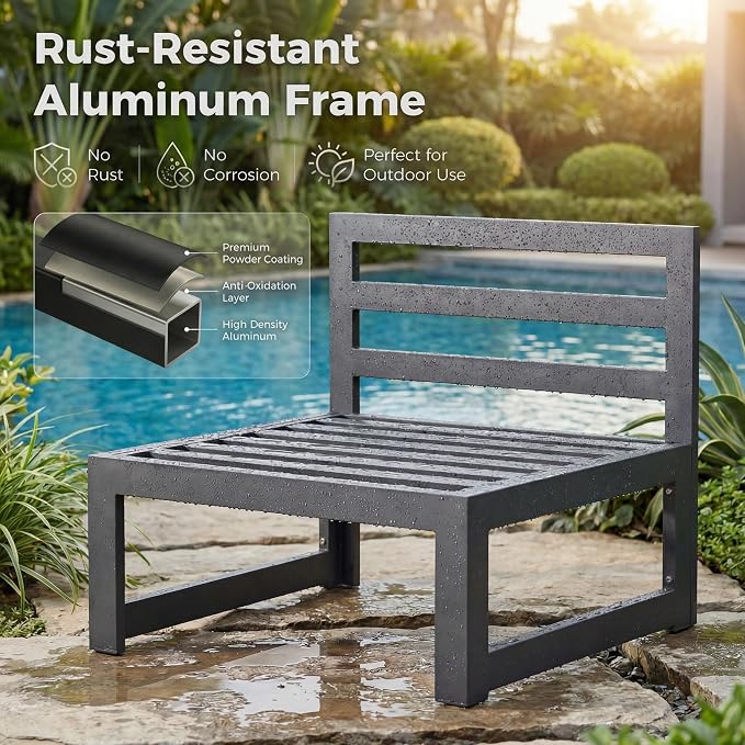 RADIATA 8 Person Modern Aluminum Outdoor Patio Furniture Set with Fireplace, 29 inch Wide Deep Seating, Fade Resistant L-Shaped Sectional Couch, Plus Size Conversation Set for Backyard Terrace, Teal