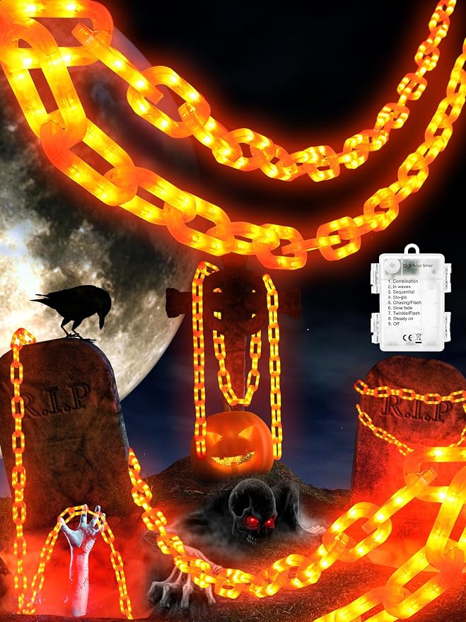 Battery Halloween Chain Lights, 10 FT 160 LED Orange Light-Up Plastic Timer | 8 Modes Battery Operated with Memory for Skeleton Dog, Yard Skeleton, Haunted House and Outdoor Decor Halloween Decorations