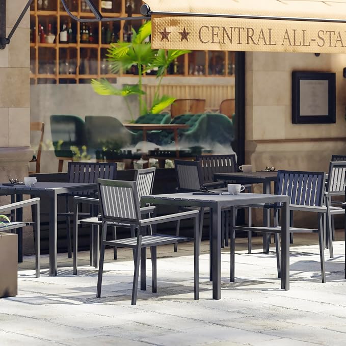 Flash Furniture Harris Commercial Indoor/Outdoor Patio Table - Black Poly Resin Slatted Top - Black Steel Frame - Seating for 4