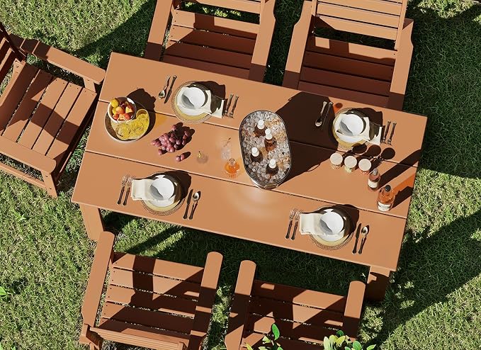 GREENVINES 7-Piece Outdoor-Dining-Set | HDPE Plastic 67'' Table and Chairs Sets for 6 | Patio Furniture | All Weather | Umbrella Hole | Teak | for Poolside Garden Backyard