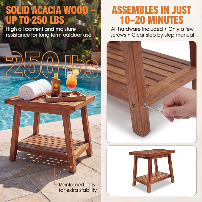 ENKEZI Small Acacia 16 Inches Outdoor Side Table, 2-Tier Sturdy Patio, End Table Weather Resistant, Strong Stability Side Table for Patio, Pool, Porch, Teak Finish (Small)