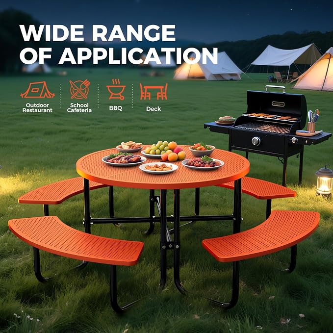 83" Round Heavy Duty Picnic Table for Outdoors Commercial Camping Table with Umbrella Hole up to 1.78" Orange Coated Steel Frame Waterproof Rust Resistant 3200 lbs Load Capacity