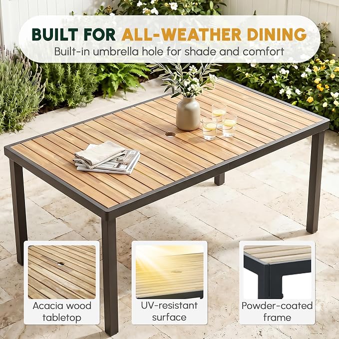 BEEFURNI Wicker Patio Furniture Dining Set, Outdoor Patio Table and Chairs Set, Rattan Outdoor Furniture Set, Acacia Wood Table, Chairs, Weather Proof Set for Porch, Backyard (Brown)