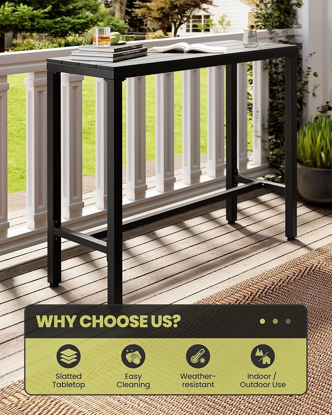 Crestlive Products Outdoor Bar Table, 43'' Rectangle Patio Counter Height Table High Pub Table with Waterproof Top and Sturdy Metal Frame for Balcony, Bistro, Garden, Backyard, Hot Tub(Black)