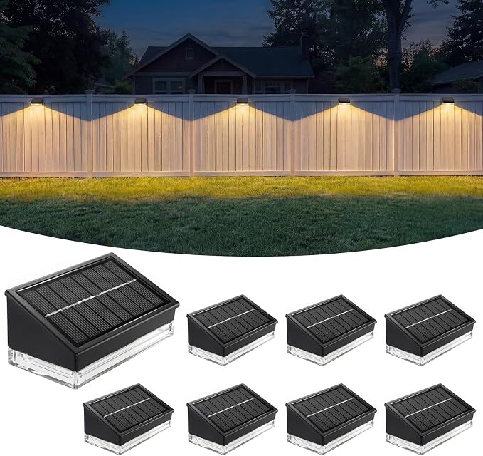 Solar Fence Lights 8 Pack, Outdoor Solar Lights with 3 Color Temperatures, IP65 Waterproof Wide-Angle LED Lighting for Fence, Patio, Yard, Deck, Wall, Garden (Black)