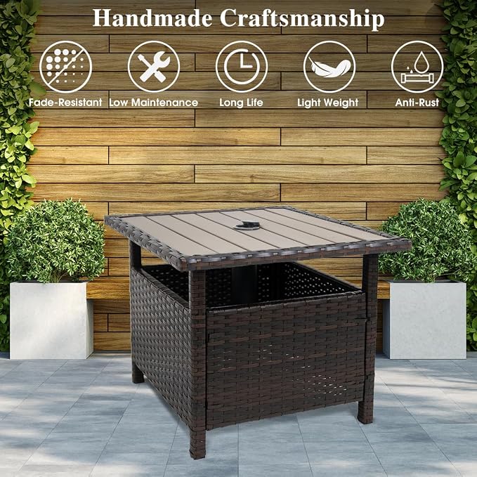 Sundale Outdoor Patio Umbrella Stand All Weather Wicker Rattan 22 in Umbrella Table Garden Furniture Deck Pool Table, Brown