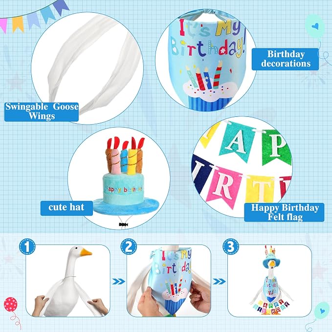 Abbylike 4 Pcs Happy Birthday Porch Goose Outfit for 23" Statues Poseable Porch Goose Wings Birthday Cake Hat for Lawn Patio Outdoor Geese Statue Decoration Accessories(Blue,Bib Style)