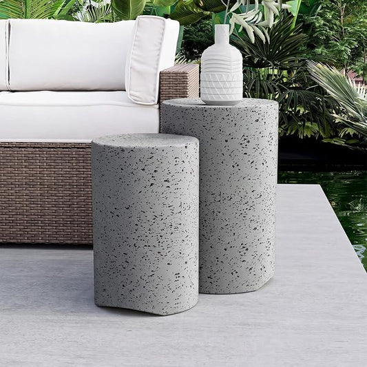 COSIEST Concrete Outdoor Side Table, Set of 2 Round End Tables, Decorative Garden Stools for Indoor Outdoor, Patio Accent Side Table w Spotted, Nesting, Dark Grey