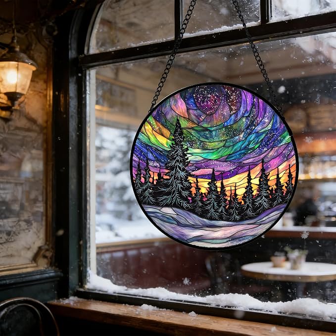 DASTOLL Stained Glass Window Hanging, Van Gogh Night Scene Sun Catchers Colorful Glass Panel Starry Sky Suncatcher Decor for Birthday for Women, Men, Wife, Aunt, and Mom 14.9x14.9 in