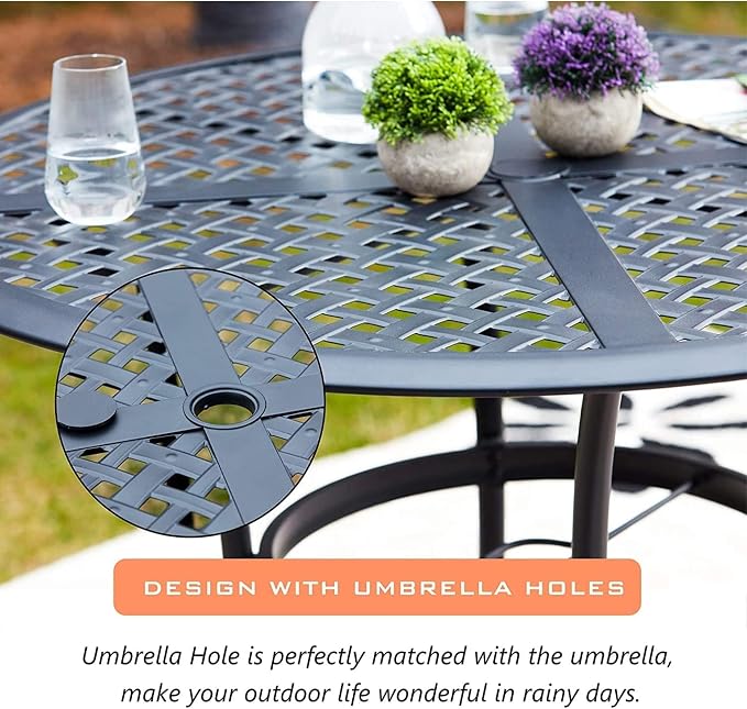 Garden Elements 5-Piece Outdoor Patio Dining Set – 42" Round Table with Umbrella Hole & 4 Armrest Chairs with Cushions – Weather-Resistant Steel, Black/Gray