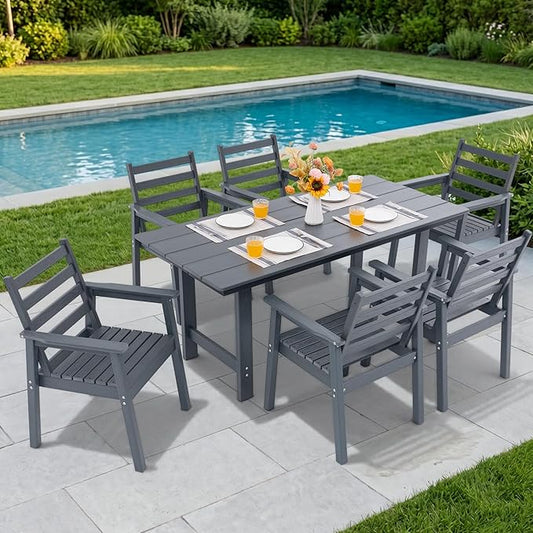 7-Piece Outdoor Dining Set, All-Weather HDPE Patio Furniture, 66.5" Slatted Table with 1.6" Umbrella Hole & 6 Ergonomic Armchairs, Heavy Duty 350lbs Capacity, UV Resistant, Gray