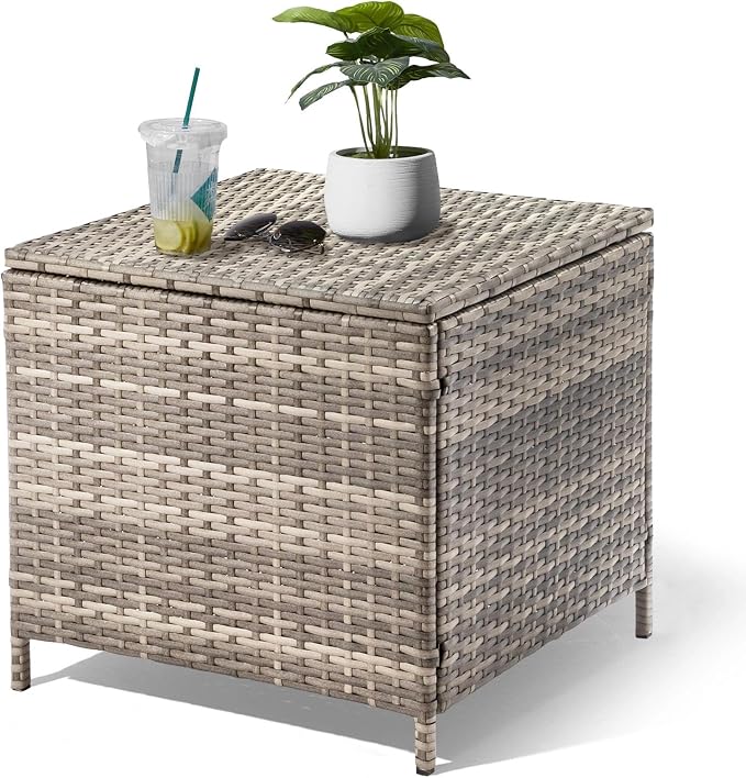 HOMSUPPLIE'S 27 Gallon Outdoor Side Table with Storage Space, Waterproof Wicker Patio Deck Box, Rattan End Table with Hidden Storage for Pool Towels, Toys & Garden Tools(Grey,Square)