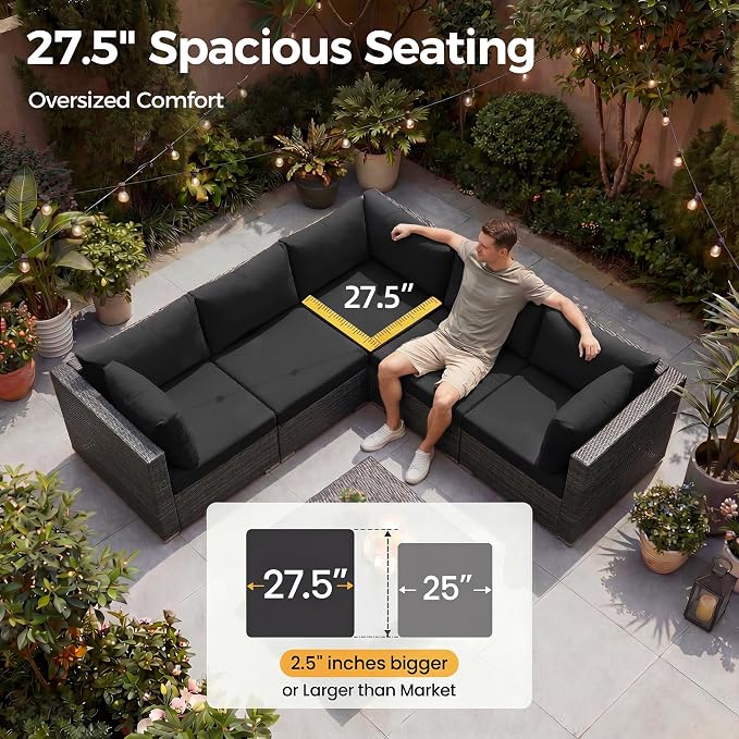 NICESOUL 13 Pcs Outdoor Sectional Set with Natural Gas/Propane Firepit Table, 29.3'' High-Back Patio Furniture Sofa Set, Oversized Rattan Couches for Backyard Garden Lawn, 2 Color Cushion Black & Gray