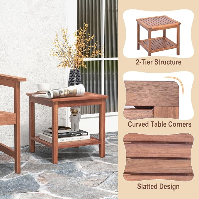 RELAX4LIFE Adirondack Outdoor Side Table - 2-Tier Acacia Wood Square End Tables w/Slatted Tabletop & Shelf for Garden Porch Pool, Indoor Outdoor Companion, Wooden Small Patio Table (1, Natural)