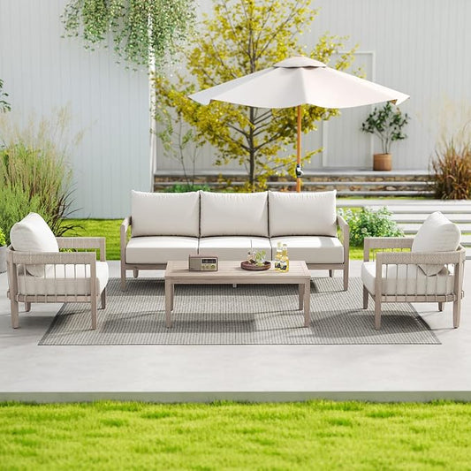 4-Piece Patio Furniture Set, Never-Rust Aluminum Patio Conversation Set, Outdoor Sofa Set with Faux Wood Grain Finish, Rope Weave Patio Sofa Set with Coffee Table for Backyard, Poolside, Deck
