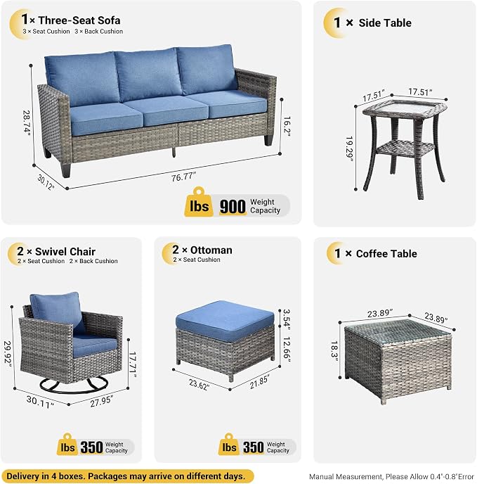 ovios 7 Pieces Patio Furniture Set, Outdoor Wicker Sofa with Rocking Swivel Chairs, Coffee Table, High Back Grey Rattan Conversation Set for Backyard Deck Porch, Denim Blue