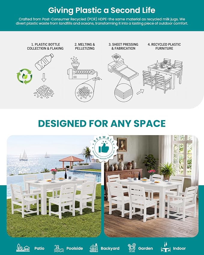 SERWALL 59" Patio Dining Set for 8, HDPE Dining Set, White | Include 2 Rectangular Tables and 8 armless Chairs, All Weather Dining Sets for Garden, Backyard