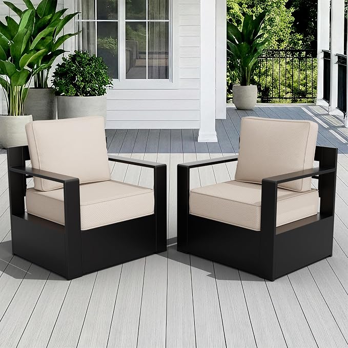 Outdoor Patio Furniture Aluminum Patio Chairs, All-Weather Metal Outdoor Chair with 6 Inch Thick Cushions, Deep Setting for Garden, Outside and Porch, Beige