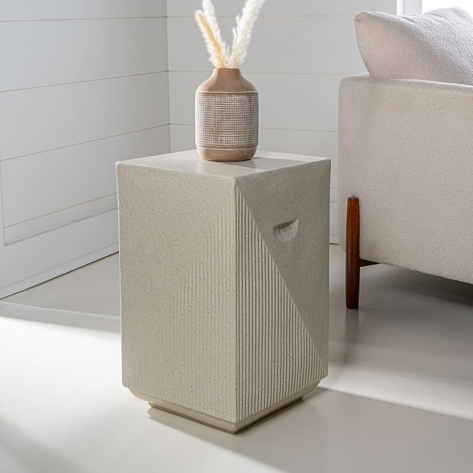 JONATHAN Y Adrian Polyresin Outdoor Side Table and Garden Stool, 21" Weather Resistant Geometric Fluted Accent Table for Patio, Porch, Deck, Cream Terrazzo TBL1104A
