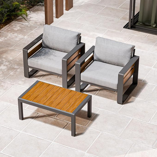 ZANDOR Aluminum Outdoor Patio Furniture Set with Coffee Table, 2 Seats Patio Conversation Sets with Washable Thick Cushions, Outdoor Sectional for Porch, Backyard, Deck, Garden & Poolside, Grey