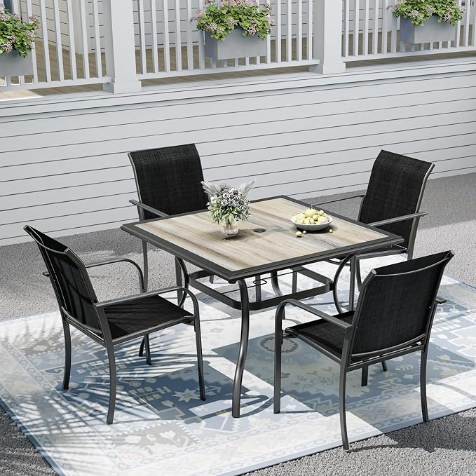 Patio Dining Set for 4, Outdoor 37" Dining Table with Laminated Top and 1.9" Umbrella Hole, 4pcs Stackable Patio Chairs Included, Perfect for Home & Outside