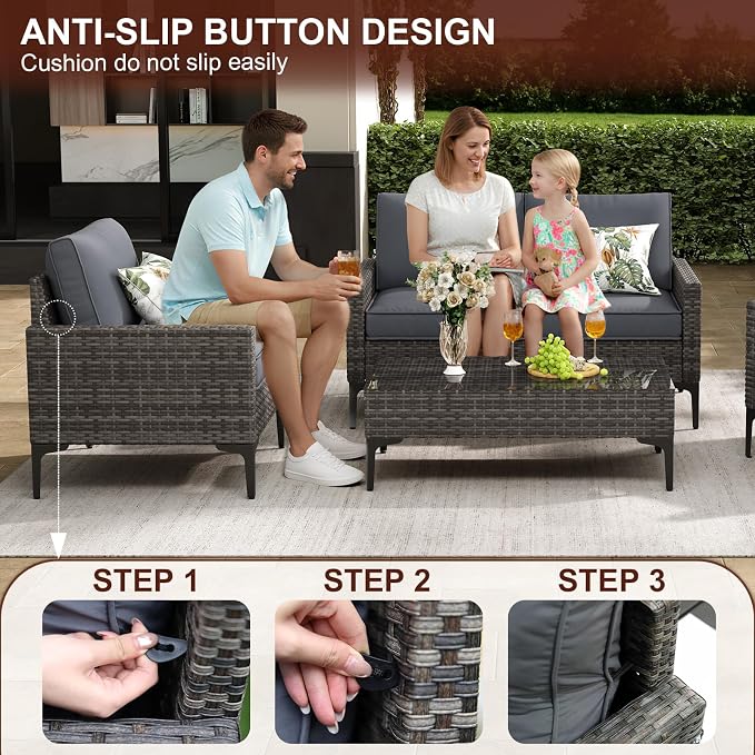 JOYURE 4-Piece Patio Furniture Set,Outdoor Wicker Patio Conversation Set with Tempered Glass Table,All-Weather Rattan Sectional Loveseat&Chairs with Thick Cushions for Garden,Deck,Backyard-Grey