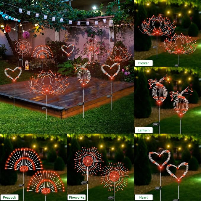 Slyuexu Solar Garden Lights Outdoor Waterproof, 2 Pack 120 LED Solar Firework Lights Decorative Garden Décor Outside for Flowerbed Pathway Party Christmas Decorations, Orange