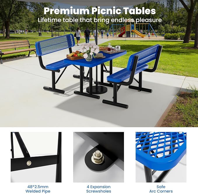 4FT Outdoor Metal Picnic Table with 2 Benches,Heavy Duty Rectangular Picnic Table Set for Outside, Waterproof Commercial Restaurant Table Furniture for Park, Campfield, Patio, Garden, Yard