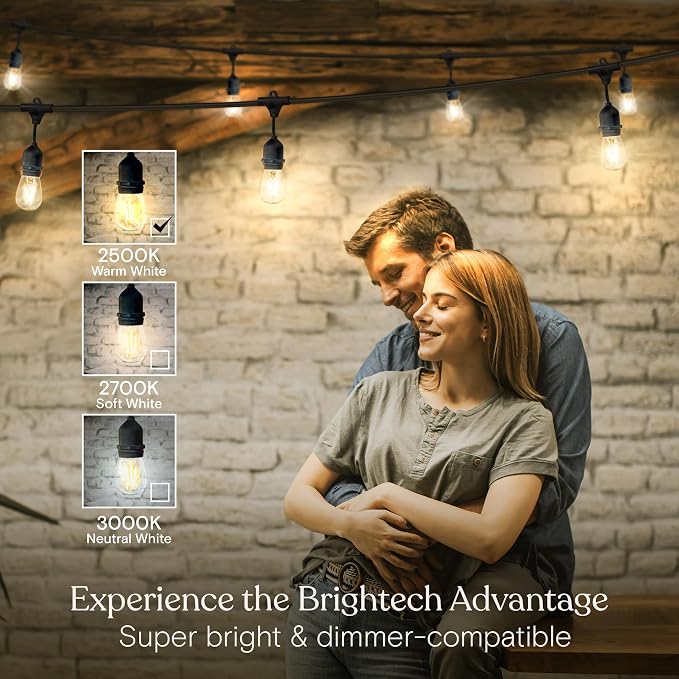 Brightech Ambience Pro LED String Lights, Commercial Grade 48 ft | Dimmable Outdoor String Lights, Waterproof Patio Lights, 15 Shatterproof LED Edison Bulbs for Backyard, 2W Warm White