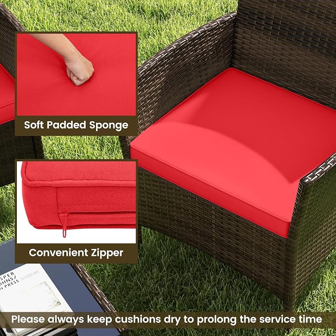 ORALNER 4 Pieces Patio Furniture Set, Rattan Chairs Loveseat with Soft Cushion and Glass Table, Outdoor Wicker Conversation Set for Balcony Garden Backyard Porch Poolside (Red)